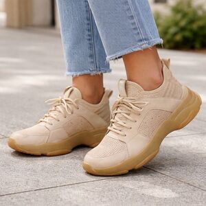 Chunky Dad Sneakers Womens Size 10 Beige Knit Mesh Lace Up Comfort Shoes Active